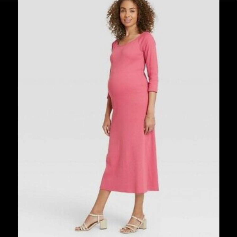 The Nine By Hatch Womens Dress Maternity Ribbed Midi Stretch Desert Rose